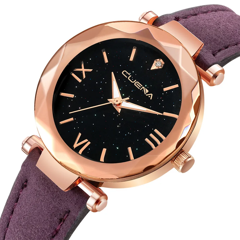 

Fashion Women Watches Ladies Crystal Starry Sky Dial Quartz Wrist Watch Luxury Leather Band Female clock Gifts reloj mujer /D