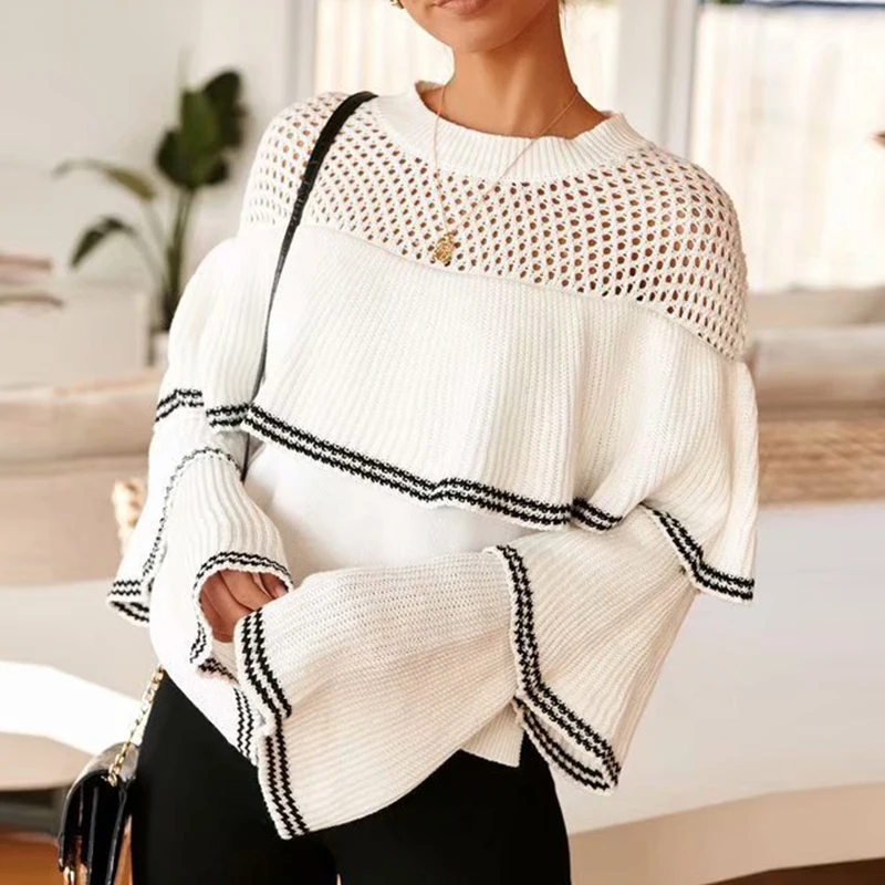 

WHOSONG Autumn Hollow Out Pullovers Sweater Women Elegant Ruffles Flare Sleeve Knitted Sweaters Winter Female Tops Wear Sweaters