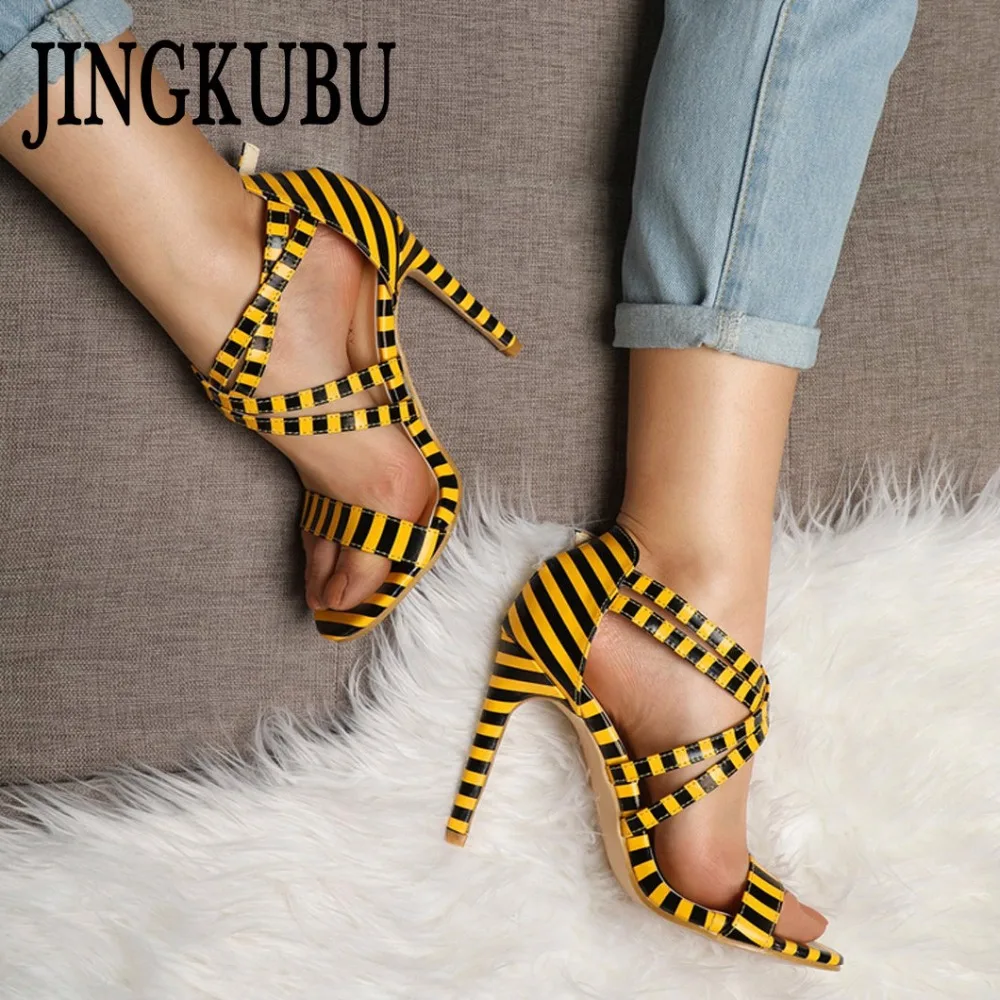 

JINGKUBU Summer Women Sandals Cross-tied High Heels Female Sexy Peep Toe Party Ladies Sandals Striped Shoes Woman Plus Size 42