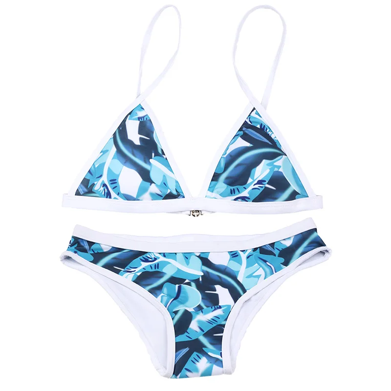 Женский треугольный купальник Maillot De Bain синий с принтом в виде листьев