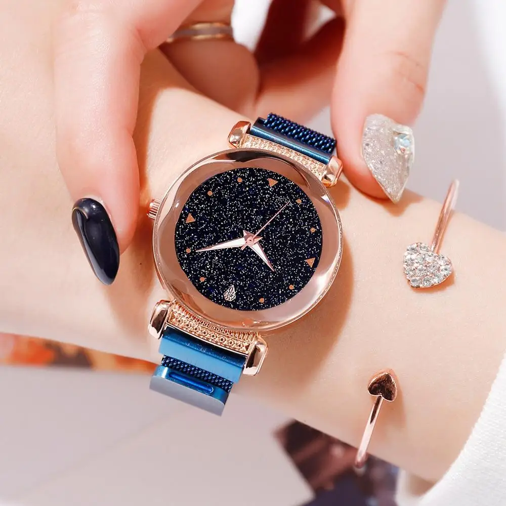 

New magnet clasp fashion women starry watches magnet strap simple point scale stainless steel quartz watch female watches hours