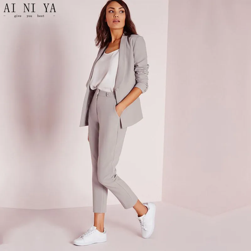

Light Gray Womens Business Suits Female Office Uniform Ladies Trouser Suits Formal Womens Tuxedo 9 Points Pants 2 Piece Suits