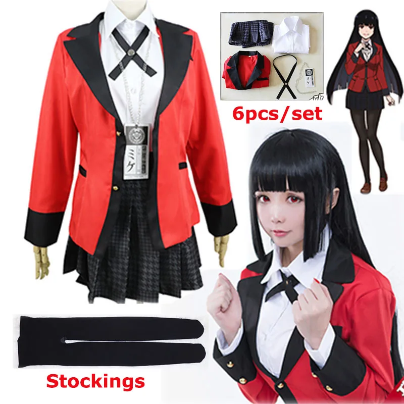 

Hot Anime Kakegurui Yumeko Jabami Cosplay Costumes Japanese School Girls Uniform Suit Full Set jacket+shirt+skirt+stockings+tie