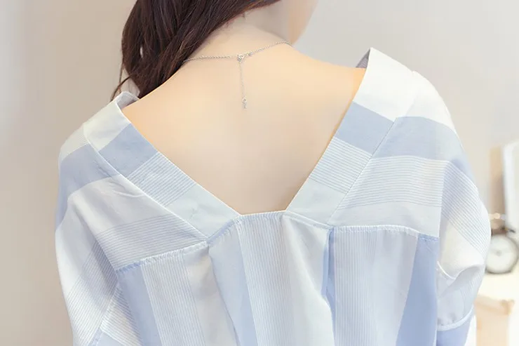 New Striped Blouses Women Shirts Ladies 2018 Summer Half Sleeve Womens Tops And Blouses V-neck Cotton Linen Blusas Femininas  (10)
