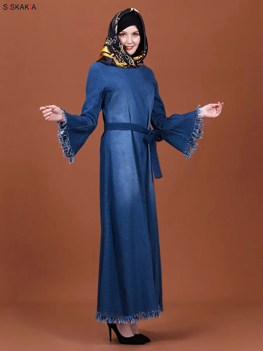 Siskakia, джинсовое длинное платье, осень, женские повседневные макси платья, расклешенное, с длинным рукавом, с кисточками, из кусков, мусульманская одежда синего цвета