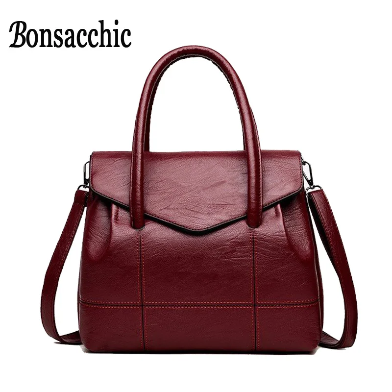 

Bonsacchic Red Women Handbag PU Leather Bags Woman Black Handbag Luxury Handbags Women Bags Designer Female Red Bag bolsos mujer