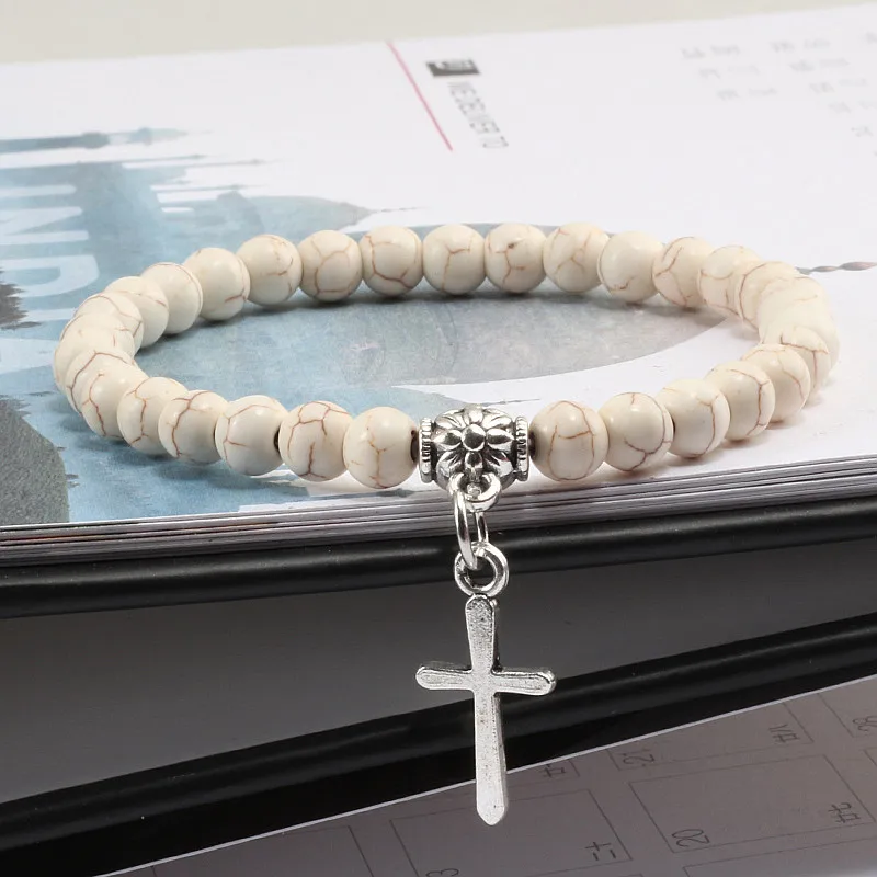 

Natural Stone Beads Matte Black Bracelet Men Lava Stone Blue Turquoises Bracelet Metal Cross Pendant Boho Woman Bracelet Jewelry
