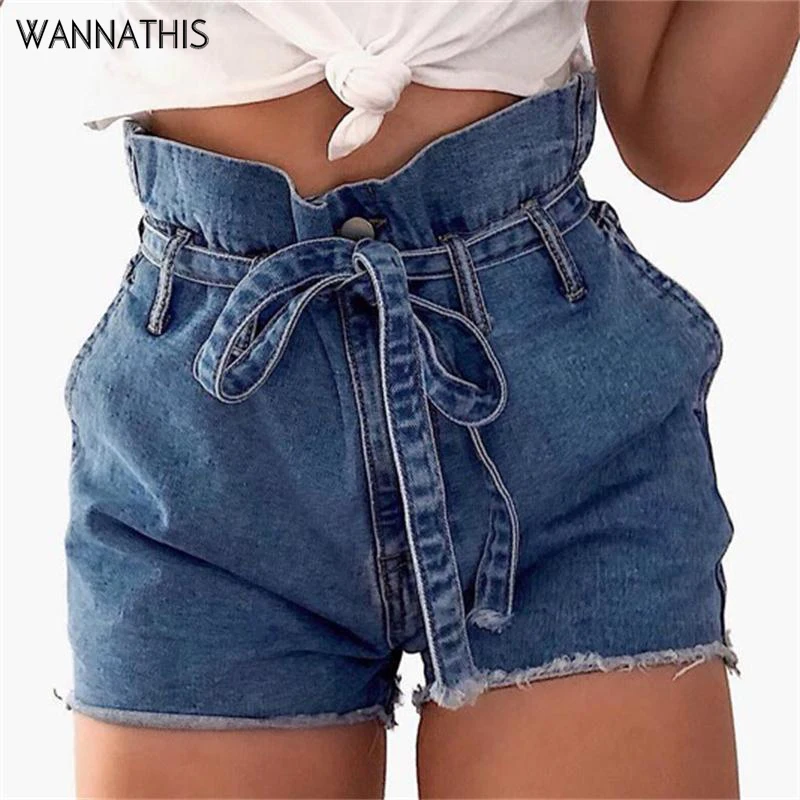 

WannaThis Elastic Short Jeans High Waist Bandage Denim Casual Wide Leg Black Women 2019 Summer Hot Short Pants Female Vintage