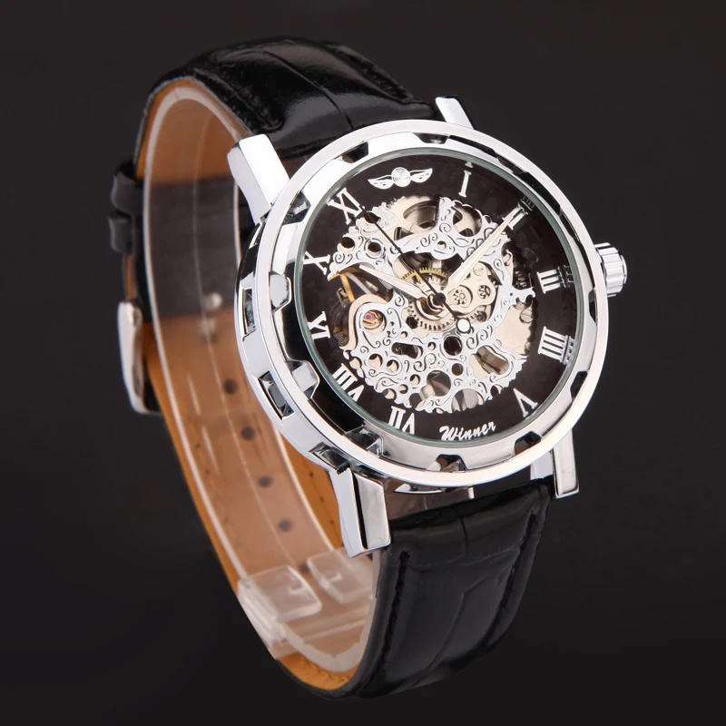 Men Watches Winner Luxury Mechanical Hand wind Skeleton black gold blue color leather band
