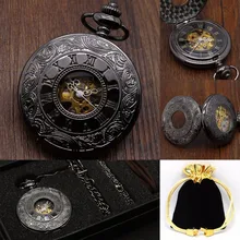 Mechanical Pocket Watches Sets Black Steampunk Skeleton Hand Wind Fob Watches Necklace Pendant Gift with Chain Box Bag for Mens