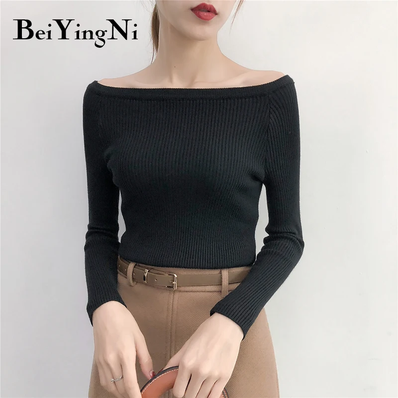 

Beiyingni Sexy Womens Sweaters 2019 Winter Autumn Knitted Pullover Woman Solid Color Casual Slim Fit Sweater Slash Sweter Damski