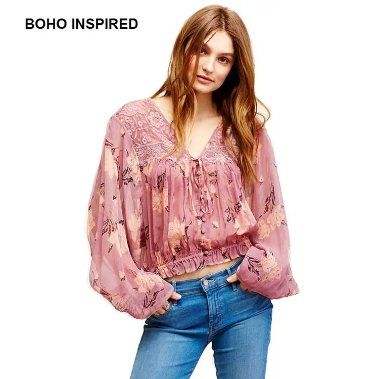 BOHO вдохновляющая блузка Кружевная Сетка v-образным вырезом прозрачные блузы с принтом Длинные рукава-фонарики женские рубашки шикарные пуговицы Топы blusas