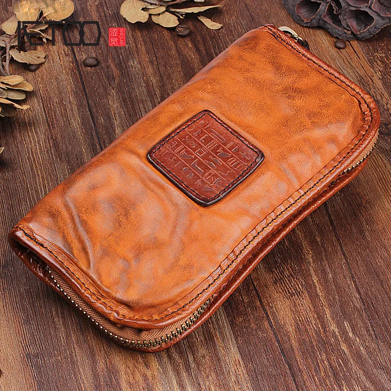 

BJYL Handmade leather long wallet retro fold old do card bag men hand bag leather large capacity zipper phone Vintage