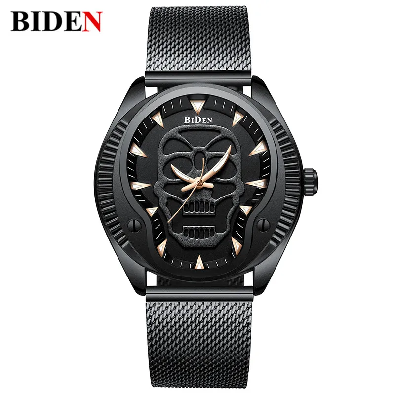 

Luxury Top Brand Steel Skull Dial Design Male Clock Black Mesh Strap Punk Style Cool Man Sport Wrist Watch Men Relogio Masculino