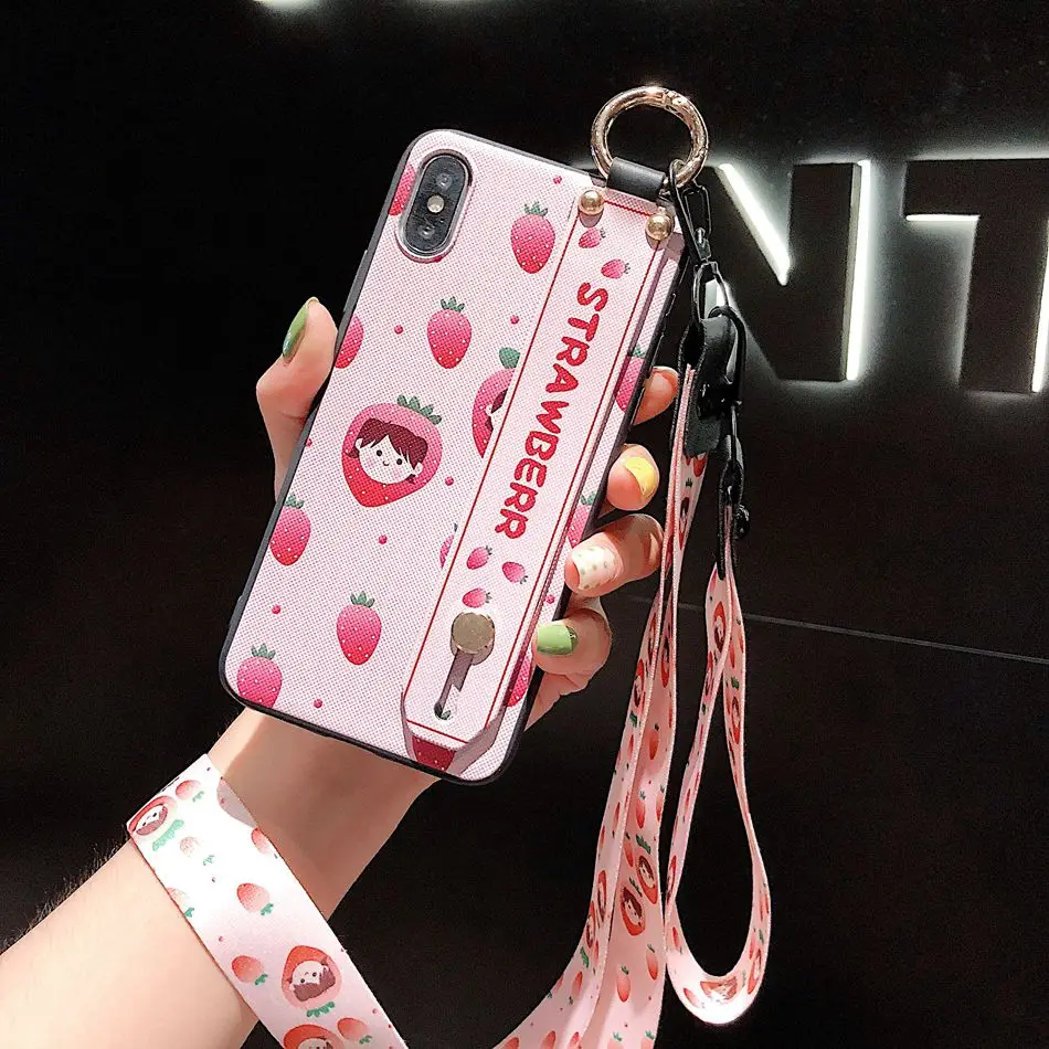 

For iPhone 7 Plus XR XS Max X Fruit Case Fashion Lanyard Stand Phone Case For iPhone 8 6s Plus Cute Cartoon Avocado Soft TPU