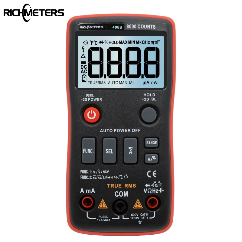 

RM408B Digital Multimeter Button 8000 Counts True-RMS Temperature Test 5MHz Frequency ACDC Voltage Current 9.999mF Capacitance