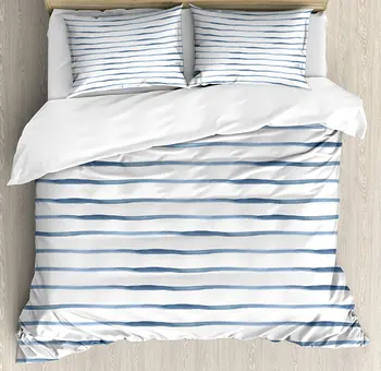 

Harbour Stripe Duvet Cover Set Abstract Brushstroke Nautical Ocean Horizontal Lines Soft Picture 4 Piece Bedding Set