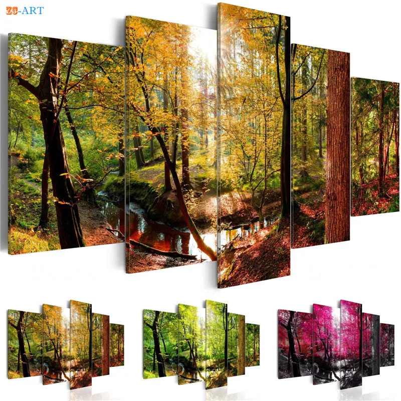 Trees Creek Sunshine Prints Canvas Painting 5 Pieces Forest Landscape
