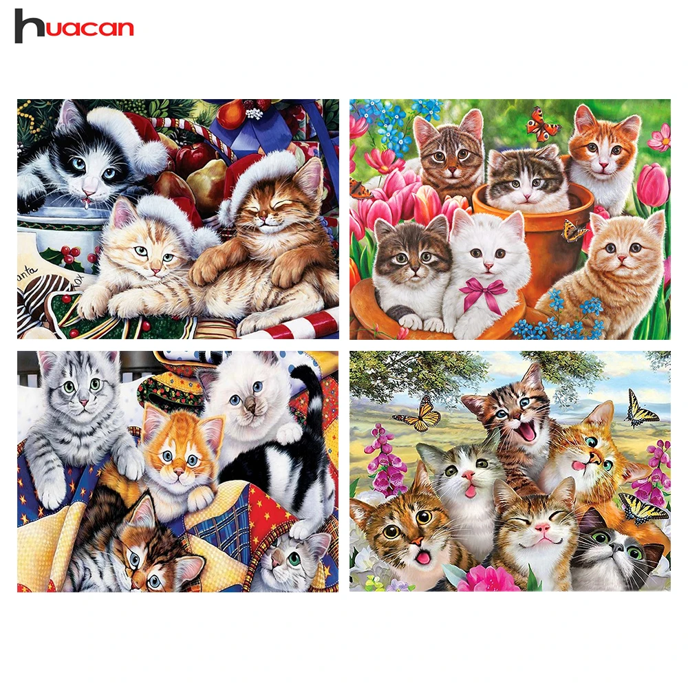 

Huacan Diamond Embroidery Sale Animals Rhinestones 5D Diamond Painting Cross Stitch Cat Family Mosaic Kit Full Square Decoration