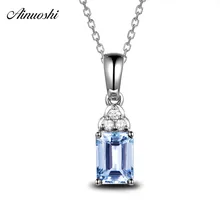 AINUOSHI 1ct Emerald Cut Genuine Sky Blue Topaz Pendant Necklace 925 Sterling Silver Chain Fine Women Engagement Wedding Jewelry