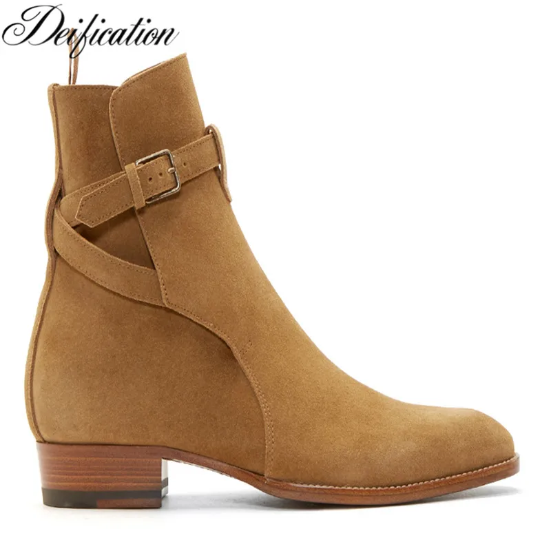 Deification Design Men's Hedi Jodhpur Boots Fashion Suede Buckle Strap Tan Booties Shoes Men Pointed Toe Flat Ankle Boots Sho