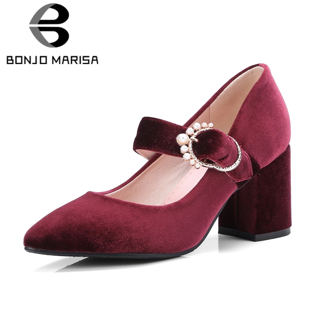 

BONJOMARISA 2020 Spring New Big Size 32-43 Elegant Velvet Mary Janes Pumps Women Shallow Decorating High Heels Work Shoes Woman