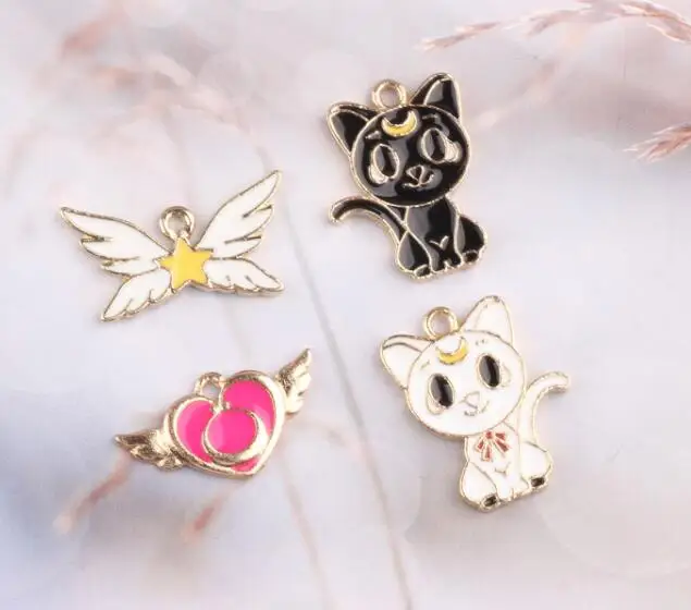 

20pcs Cartoon Japanese anime black white cats heart Enamel Metal Charm Pendants DIY Jewelry Making Mobile Phone Accessories