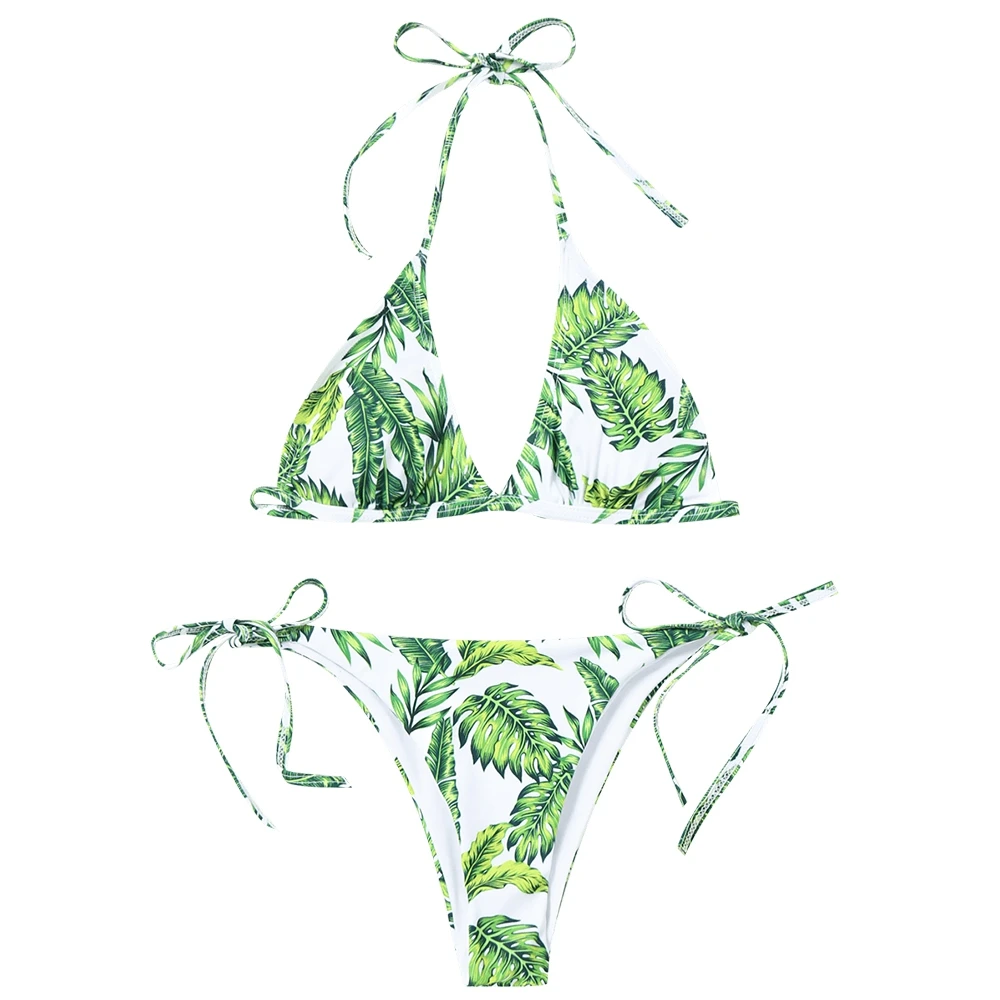

Women Low Waist Leaf Print String Bikini Set Wire Free Padded Halter Female Swimwear Women's Swimming Suit Beach Bath Bikini Set