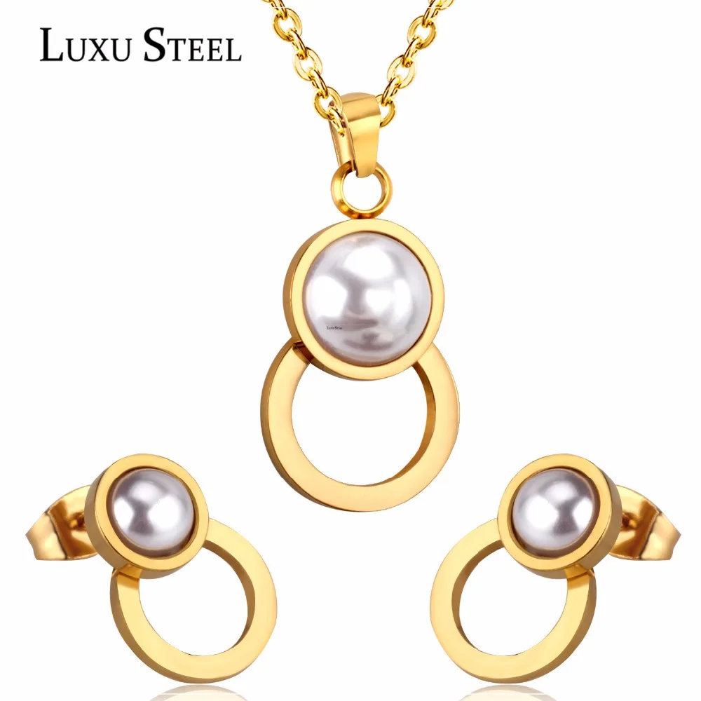 

LUXUSTEEL Jewelry Sets For Women Fashion Imitation Pearls Pendants Necklaces Stainless Steel Chain Necklace Female Accessories