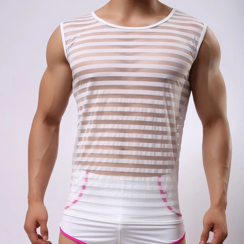 Майка для мужчин одежда фитнеса бодибилдинг прозрачное Полосатое нижнее белье