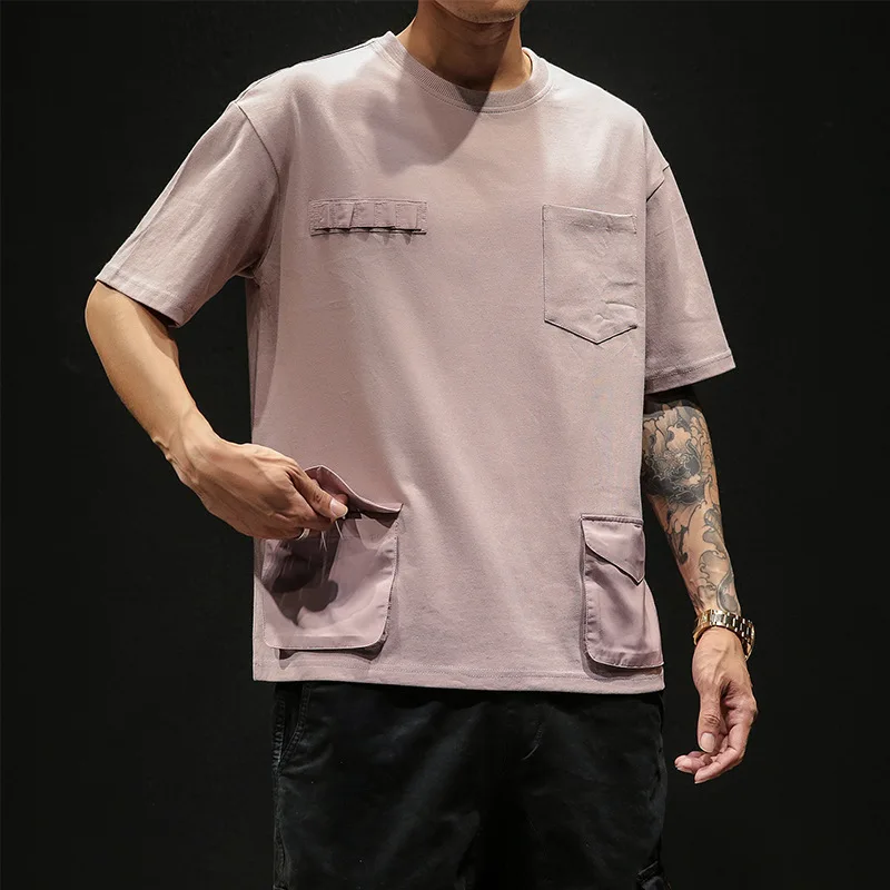 

New Summer Mens Cargo Shorts Men Solid Short O-Neck Male Stitching Streetwear T Shirt Harajuku Plus Size Casual Boyfriend Gift