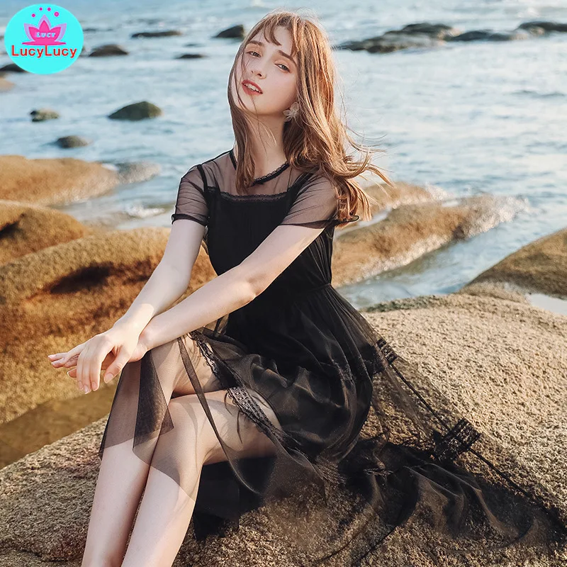 

2019 summer new European and American women's round neck one button net yarn a word sexy slim dress Ball Gown