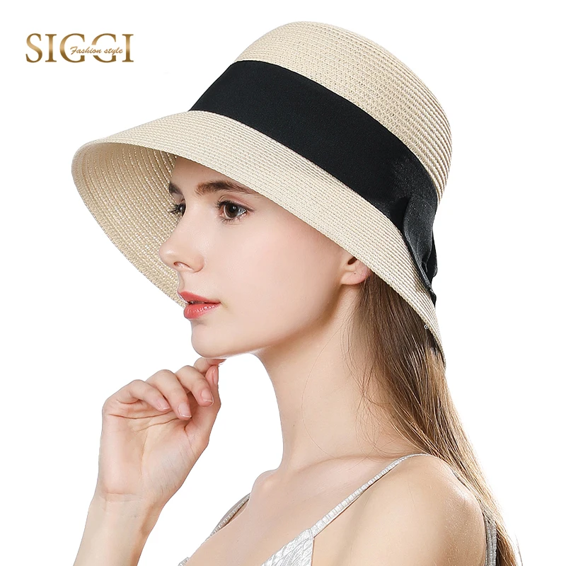 SIGGI Summer Straw Sun Hats For Women Solid with Bow Adjustable Wide