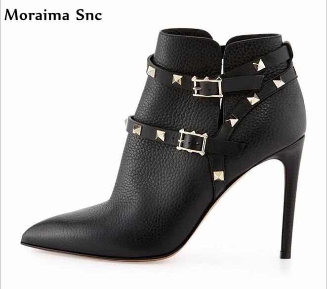 Moraima Snc high quality sexy women Ankle boots pointed toe Ankle strap Rivets studded high heels casual shoes Women's Shoes