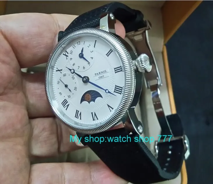 

44mm PARNIS Moon Phase Mechanical Hand Wind movement men's watch Multi-function Mechanical watches gd270A