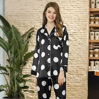 

Silk Long Sleeve Womens Pajamas Set Loose Turn-down Collar Women Lingeries Black Sleeping Clothing Nighty Set Long