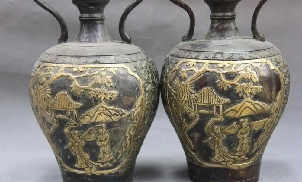 11 Китай Старый Медь Бронза два драконы горничной диаграммы Водолей бутылка горшок ваза пара