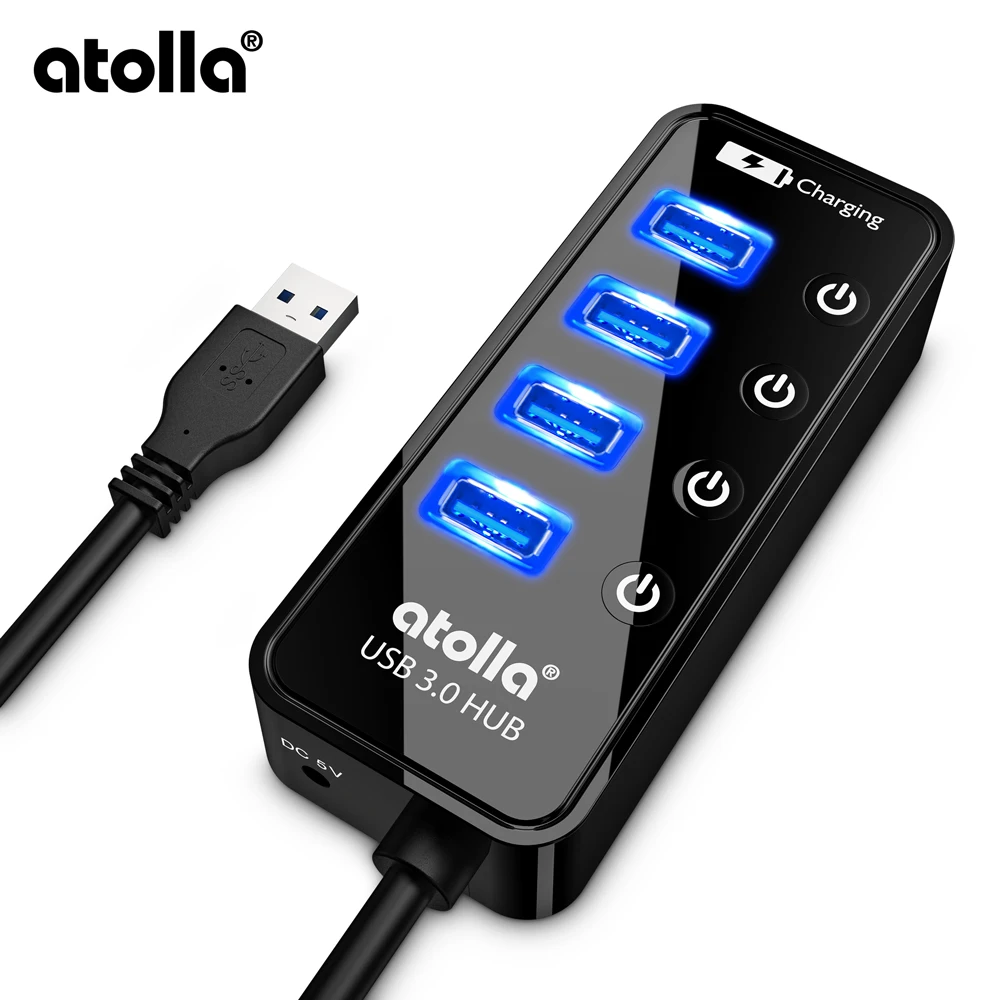 Atolla USB 3,0 концентратор 4 порта удлинитель супер скорость передачи данных с переключателем вкл. Выкл. И 1USB порт зарядки длина кабеля 2 фута