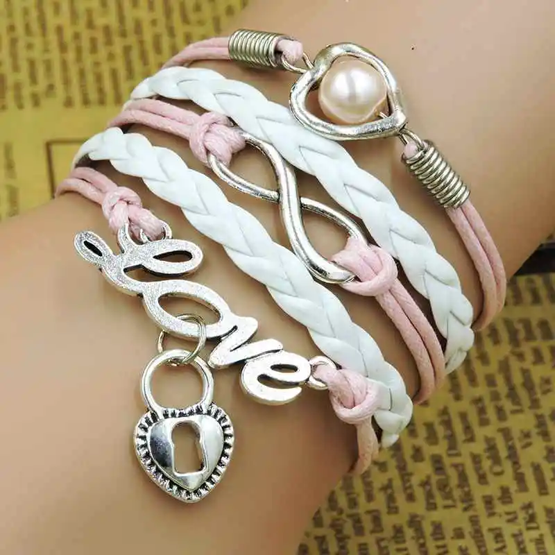 new style Charming DIY woven Bangle Infinity Pearl Heart Lock