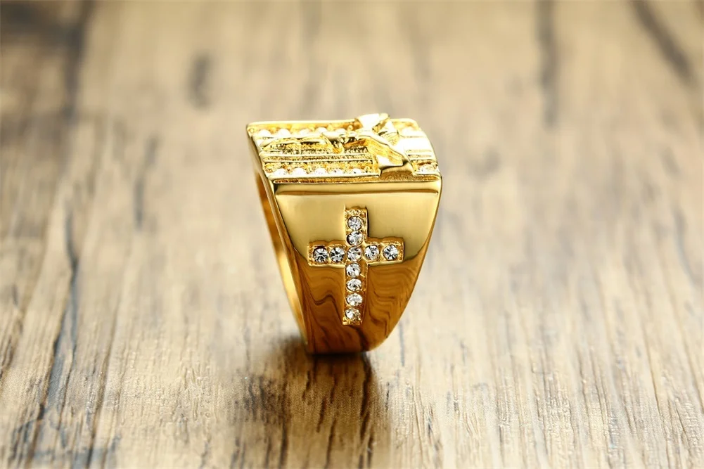 Prayer Jesus Cross White Cubic Zirconia Rings for Men Gold Tone Stainless Steel Crucifix CZ Band Male Jewelry Anel Aneis