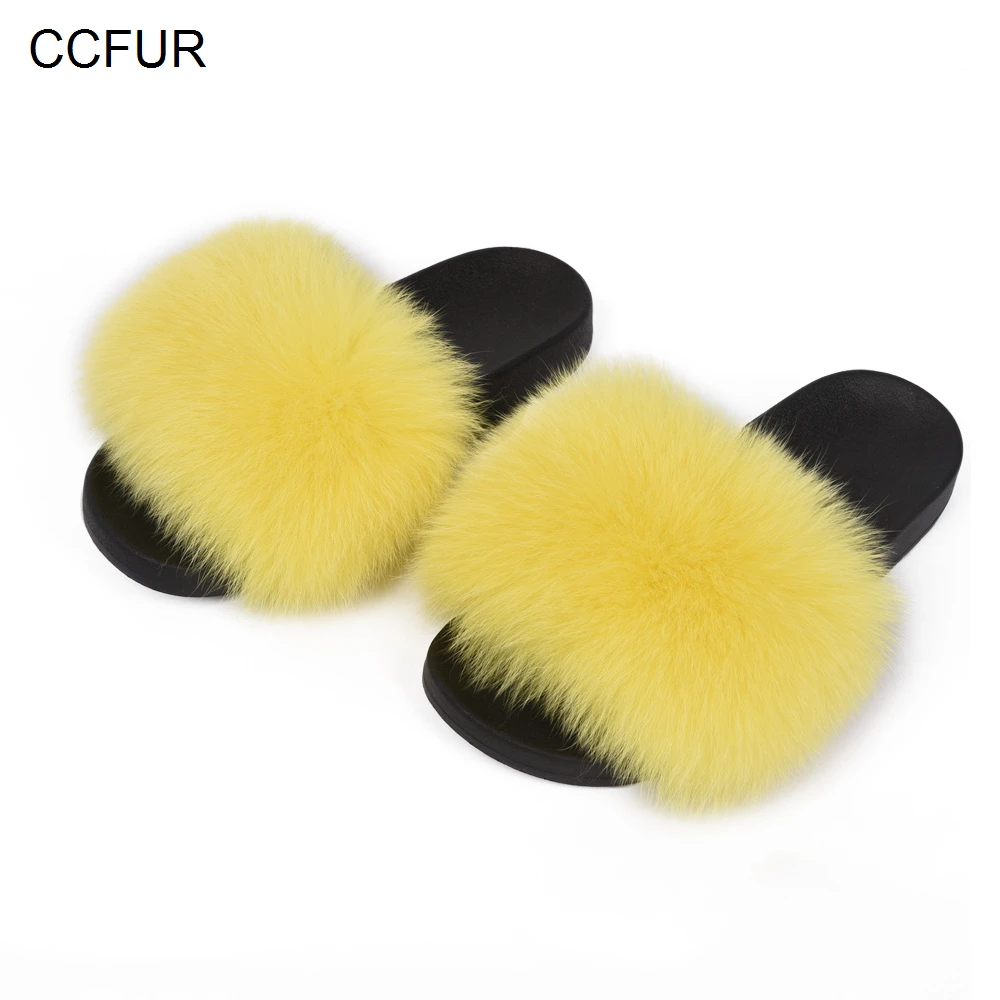 Kopen 25 kleuren Vossenbont Slides Hair Slippers Pluizige Echt Bont Sliders Harige Zomer Strand Sandaal Schoenen Voor Dames Indoor Outdoor s6018S