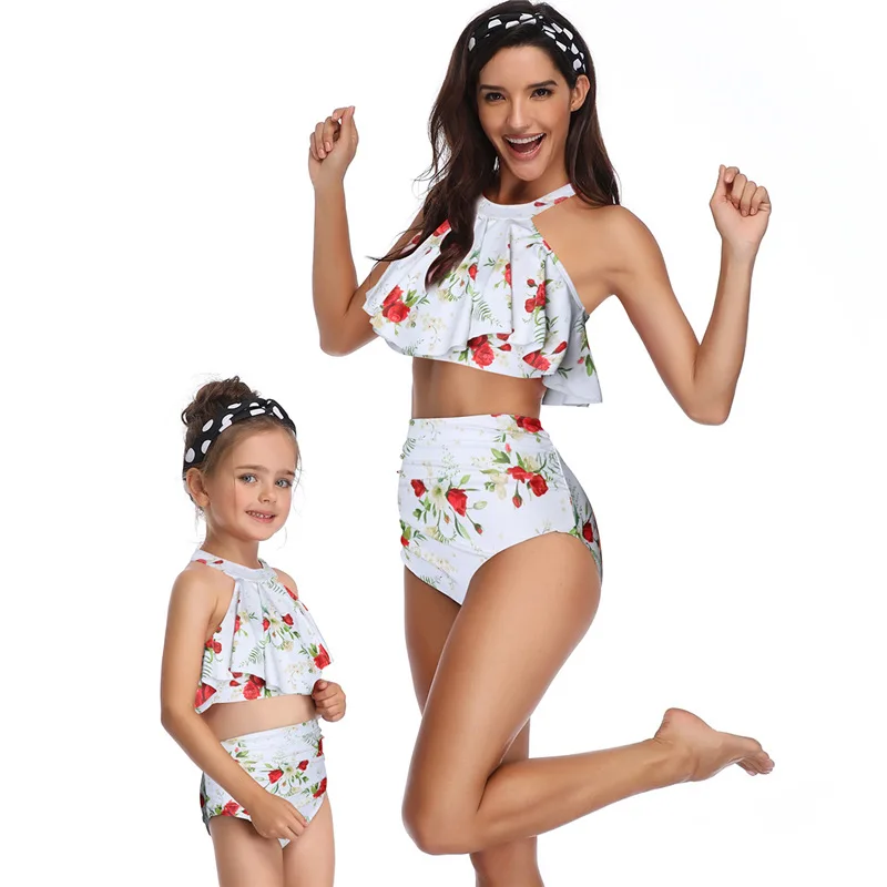 Mother Daughter matching Swimsuits Printing piece double lotus leaf Parent-Child Swimwear Family Matching Swimsuit Outfits - Color: 20