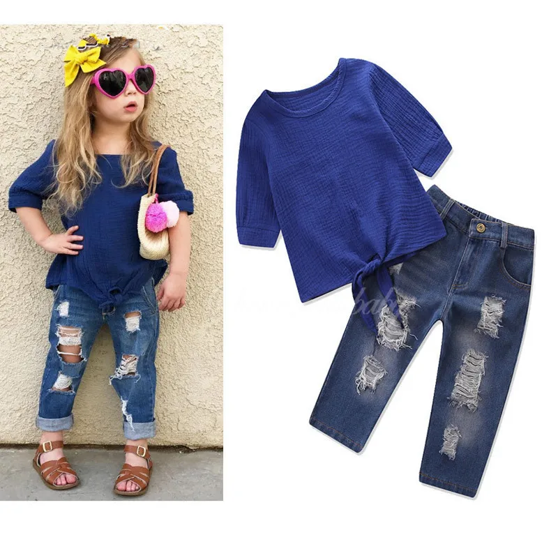 

2 PCS Children Clothing Summer Hole Breck Denim Outfits Toddler Baby Knitted Top+Jean Pants Set Baby Girls Clothes D0749