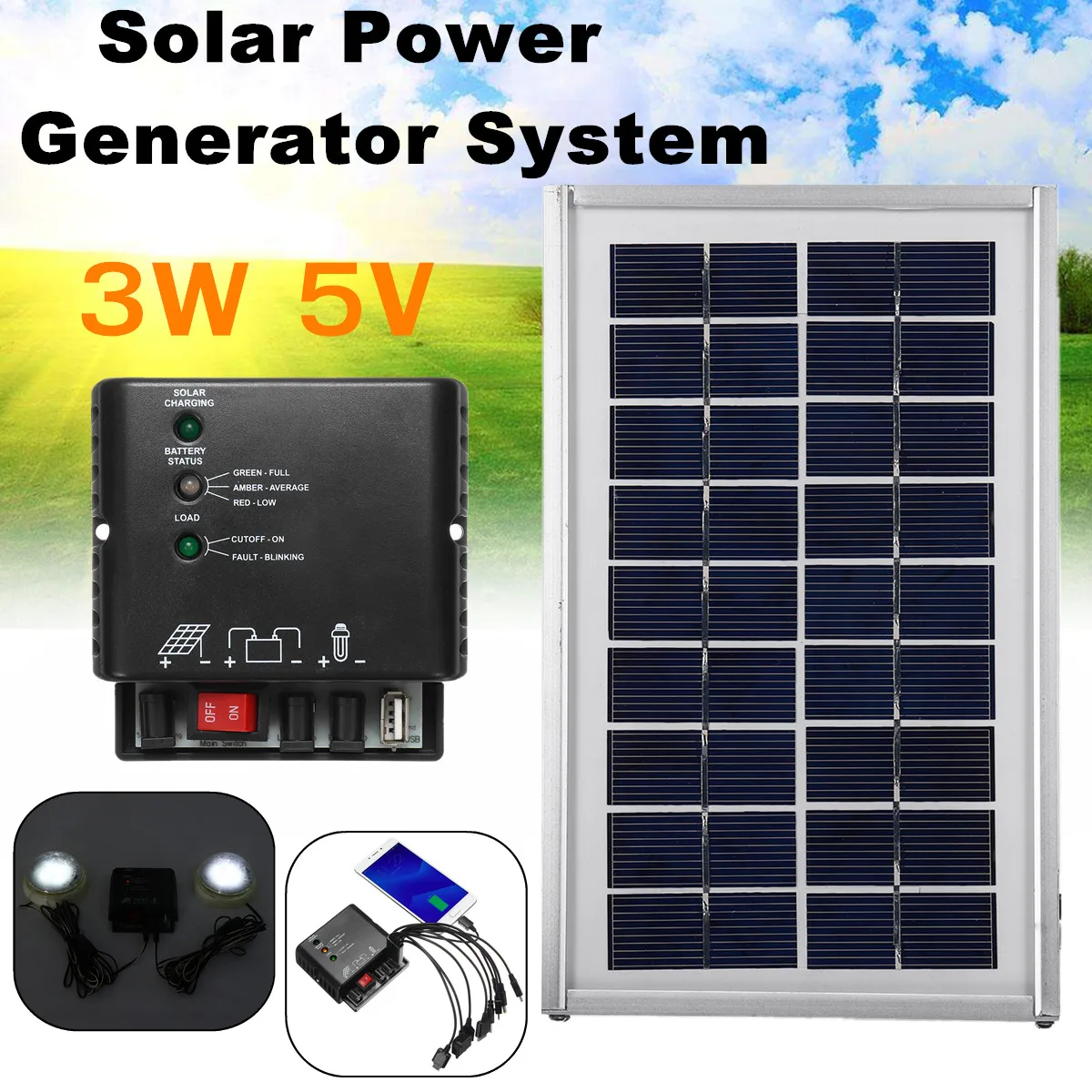 

Solar Panel Power Generator LED Lighting System USB Charger Indoor 2 LED Bulbs Automatic Light Compact Overcharge Protection