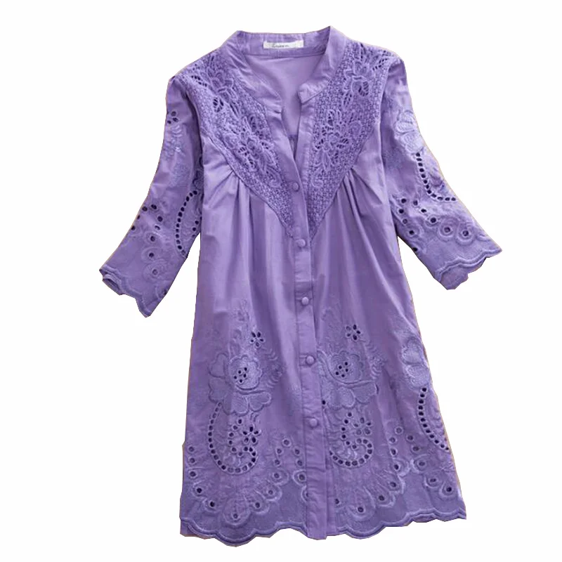 

New 2020 Women Summer Plus Size Blouses Cotton V-neck Solid Casual Embroidery Blusas Kimono Flare Sleeve Long Half Broadcloth