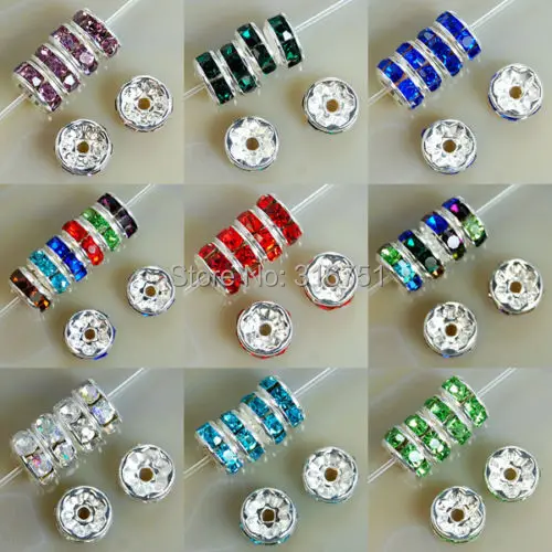 

8MM Metal Silver Plated Crystal Rhinestone Rondelle Spacer Beads 11Colors For Choose 100Pcs Free Shipping Wholesale