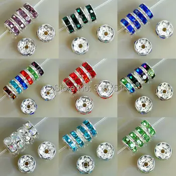 

8mm Metal Silver Plated Crystal Rhinestone Rondelle Spacer Beads 11colors For Choose 100pcs Free Shipping (w03270-w03281)