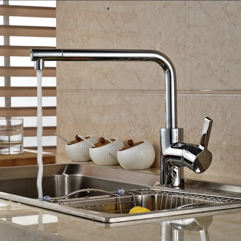 Chrome Finished Swivel Spout Long Neck Kitchen Sink Faucet Single Handle Brass Mixer Taps with Hot