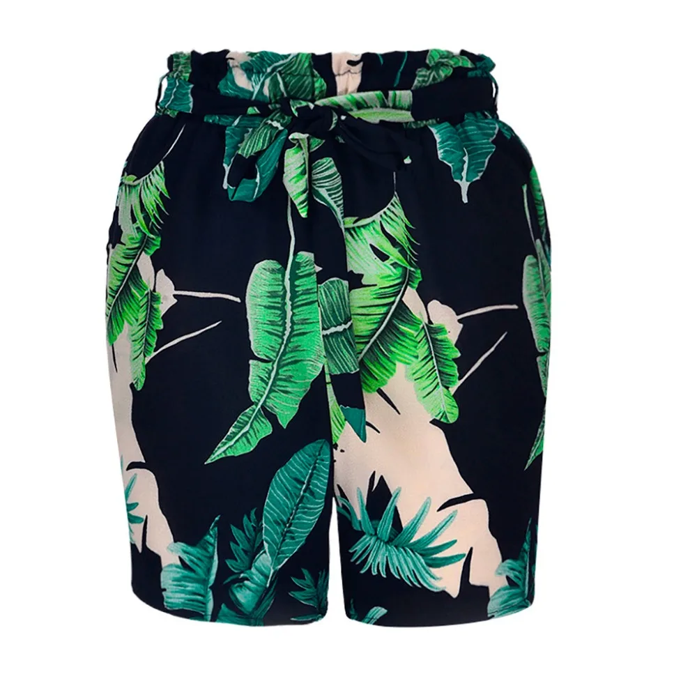 Богемные с поясом бумажный мешок талии Тропический Принт шорты женские 2019 пляжные каникулы повседневные эластичные талии летние шорты