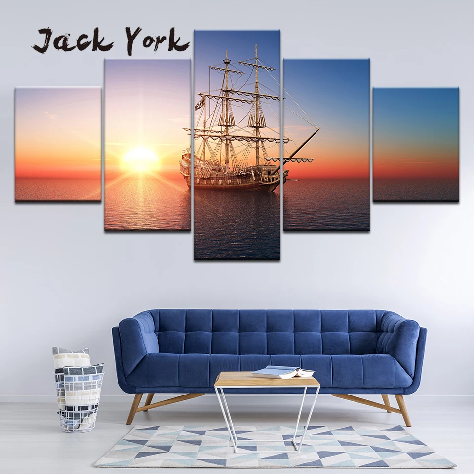 

Canvas Painting sailboat on sea with sunset 5 Pieces Wall Art Painting Modular Wallpapers Poster Print living room Home Decor